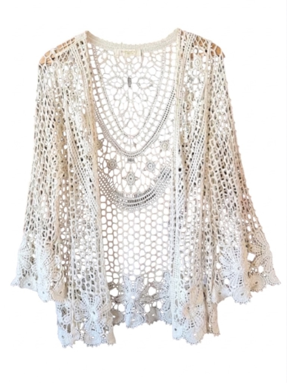 Rebellion Again Crochet Lace Cardigan Ivory Open Knit Top Medium Festival Boho - Picture 5 of 9